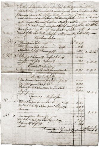 black and white copy of an antique manuscript showing a bill for damages