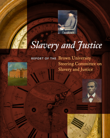 Cover of the report featuring a background of clocks in deep red, portraits of a white man and a black man, and a painting of a building.