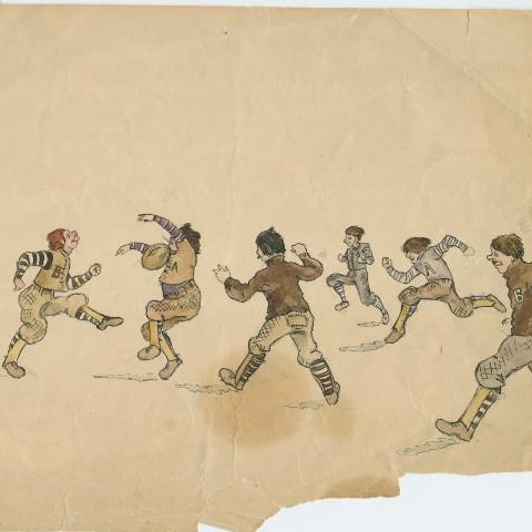 A drawing on yellowed paper of six football athletes running, catching, and kicking the ball.