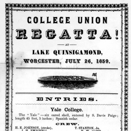 A long flier detailing the crew teams of Yale, Brown, and Harvard and the race to be rowed 