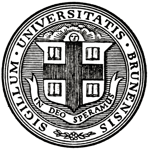 Brown University's seal, a shield with four books, a cross, with a rising sun above and a banner below, circled by latin words and rings