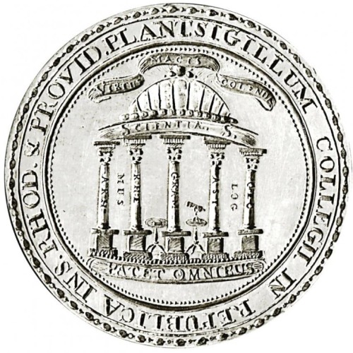 black and white graphic of an old colonial seal